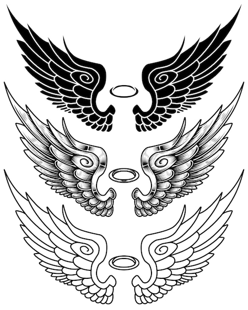 Sketch wing. Pair of angel wings with halo. Cute wide open angelic wing  doodle, flying bird feathers outline tattoo sketch vector set. Logo  template art collection, different designs Stock Vector | Adobe