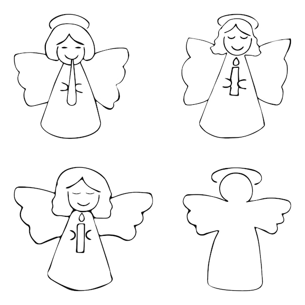 Vector vector set of angels in line style on white background christmas easter and religion decorative