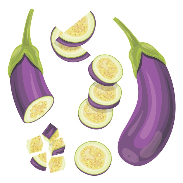 Vector set aubergine Snijd de hele aubergine enz