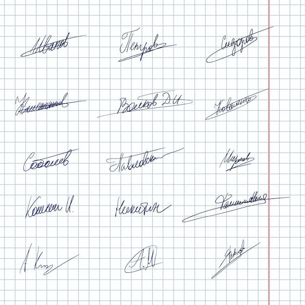 Vector set of authentic signatures russian names