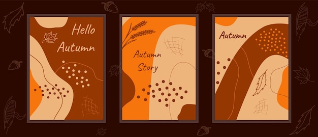 Vector set autumn backgrounds Abstract posters with orange brown autumn colors Minimal natural Boho style posters wall arts Design card stories postcard cover invitations for autumn holidays