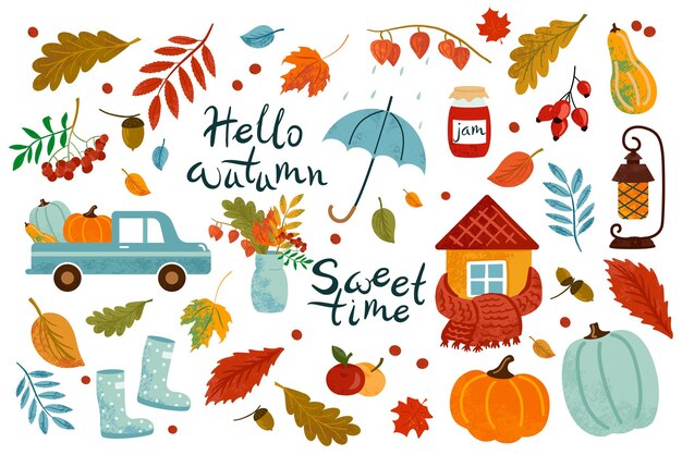 Vector vector set of autumn icons car with pumpkins falling leaves rubber boots lettering scrapbook element