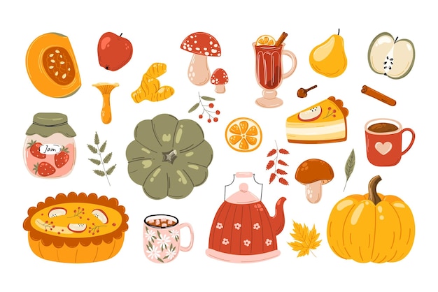 Vector set of autumn icons - pumpkin, falling leaves, cozy food, mushrooms and food.