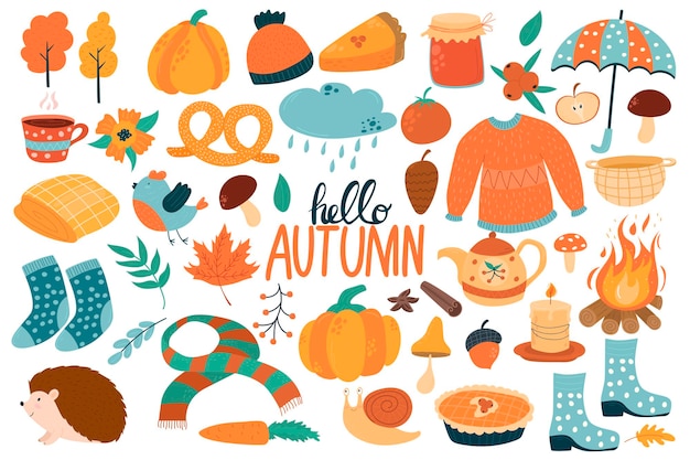 Vector vector set of autumn icons sweater falling leaves cozy food candles book and cute hengehog scrapbook collection with autumn season elements bright background for the harvest