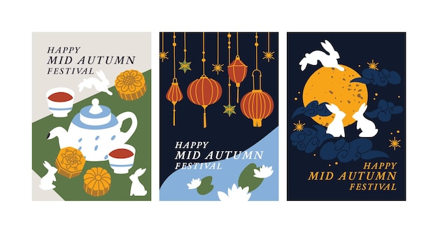 Set vettoriale di sfondi o poster per mid autumn festival o mooncake festival con conigli illustrati, lanterne di carta e decorazioni