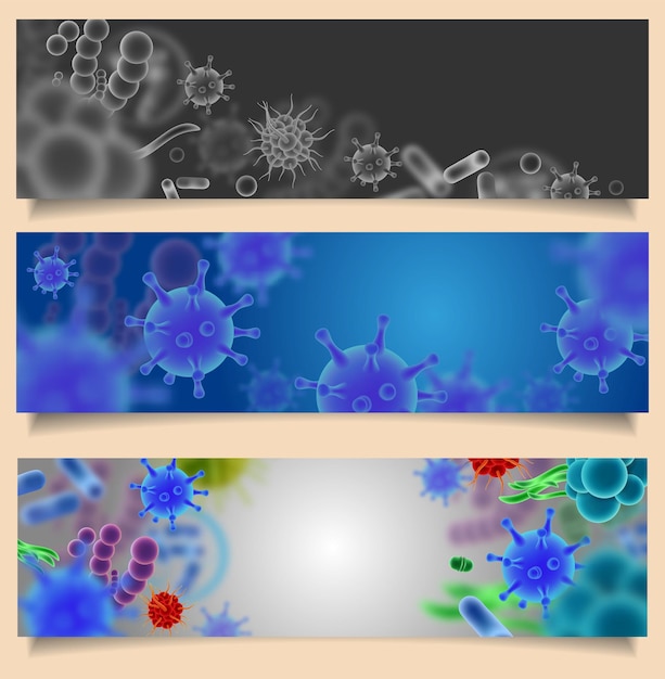 Vector vector set of banners with viruses and microbes