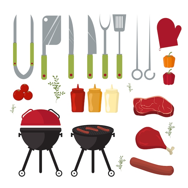 Vector set of barbecue and grill outdoors cooking tools