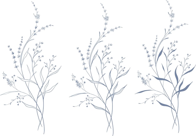 ベクトル ベクトルセット 美しい青い花束と葉 ラインアート要素 植物セット 手描き