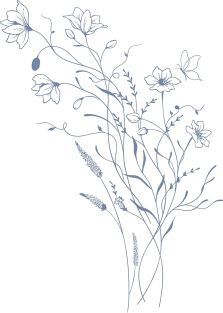 Vettore set vettoriale bellissima corona floreale blu e foglie elementi artistici di linea set botanico disegnato a mano