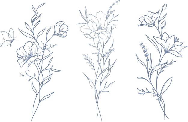 ベクトルセット 美しい青い花束と葉 ラインアート要素 植物セット 手描き