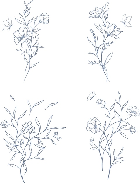 Vector vector set beautiful floral and leaves line art elements botanical set elements hand drawn