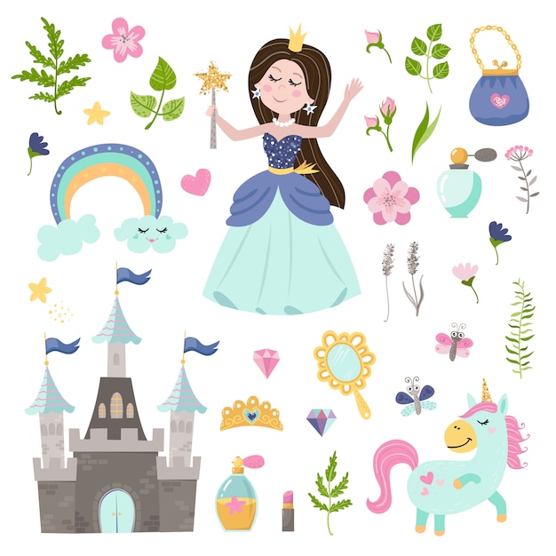 Vector set of beautiful princess, castle, unicorn and accessories