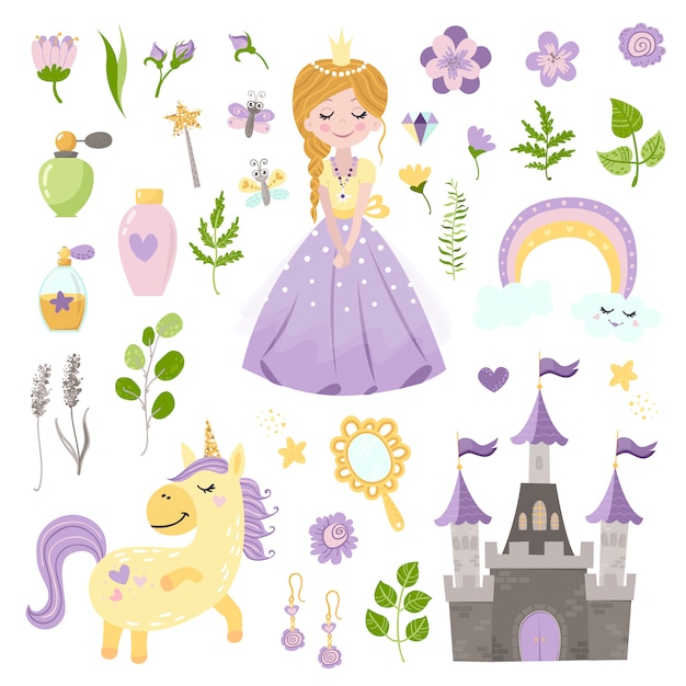 Векторный набор прекрасной принцессы, замка, единорога и аксессуаров