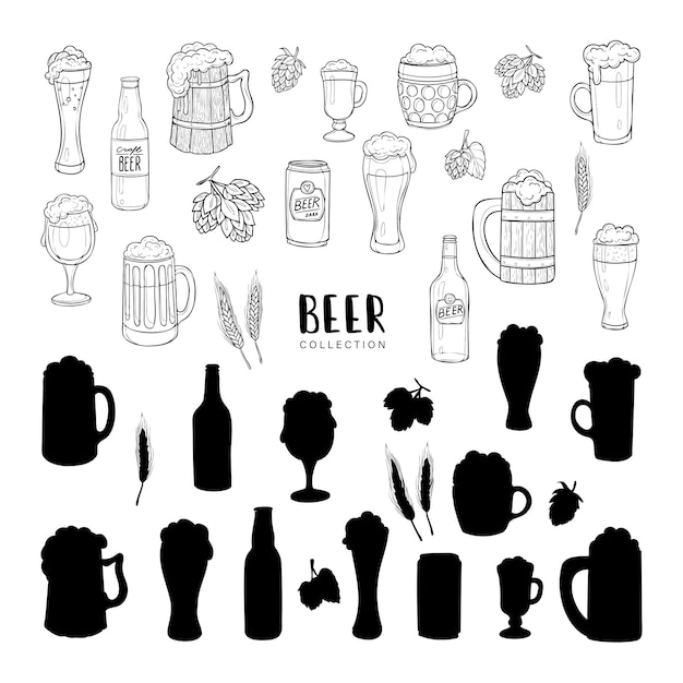 Vector set of beer mugs and bottles black outlines and silhuette isolated on withe background