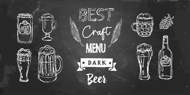 Vector set of beer with words chalk effect object isolated on blackboard