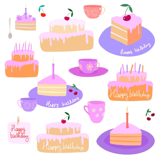 Векторный набор на день рождения и чаепитие с тортом