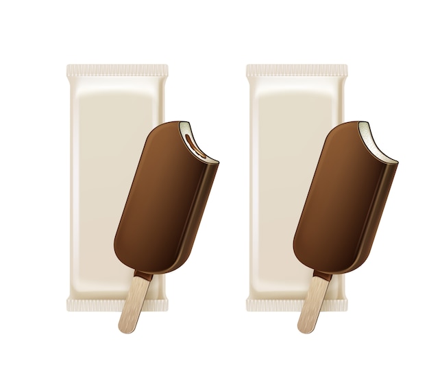 Vector Set of Bitten Popsicle Choc-ice Lollipop Ice Cream in Chocolate Glaze