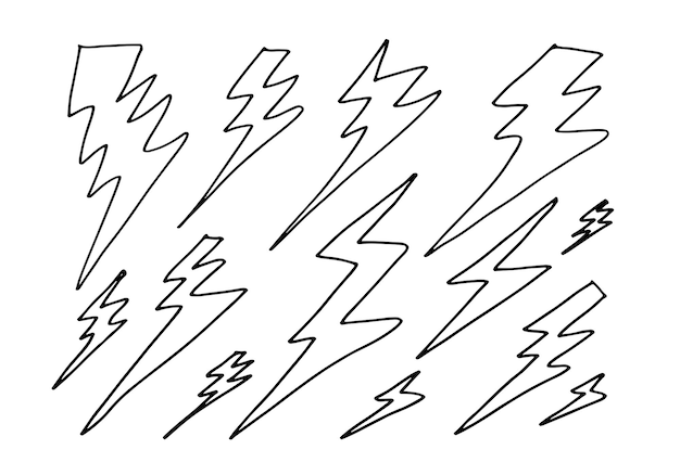 Vector set of black doodle thunder lighting icons.