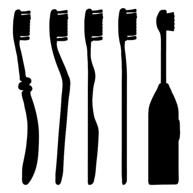 Vector Set of Black Silhouette Toothbrushes Hygiene Items