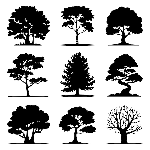 Vector set of black silhouette trees for design