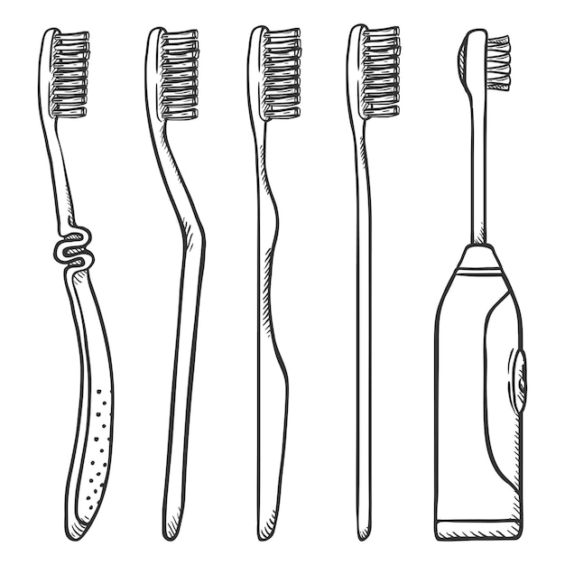 Vector vector set of black sketch toothbrushes different types of tooth brushes