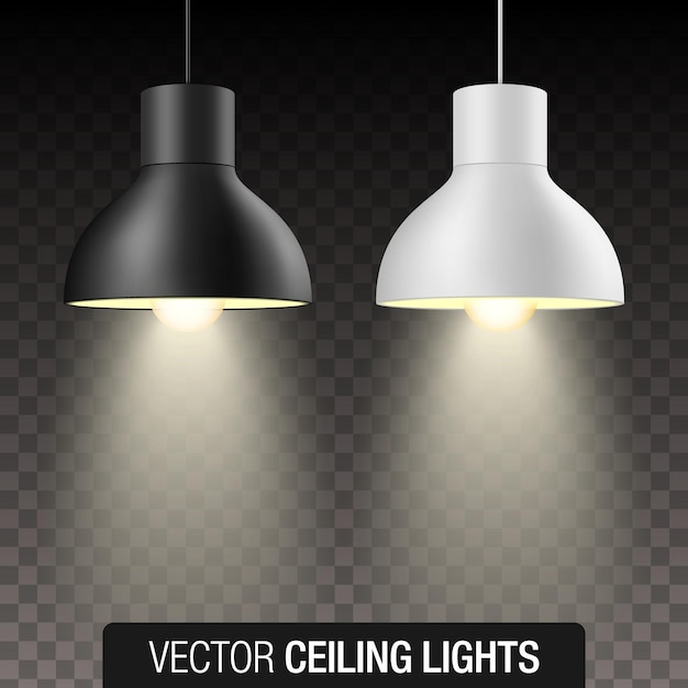 Vector vector set of black and white turned on pendant ceiling lights isolated on transparent background