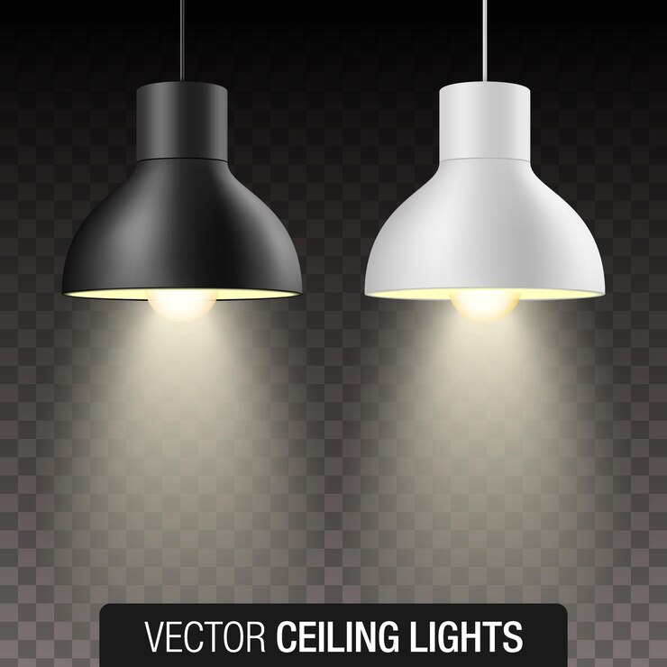 Vector vector set of black and white turned on pendant ceiling lights isolated on transparent background