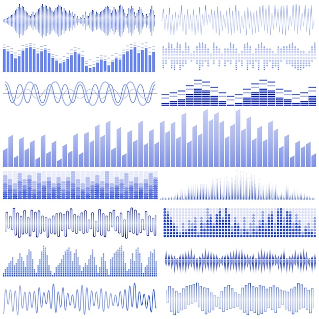 Vector set blauwe geluidsgolven. Audio-equalizer. Geluid & audio golven geïsoleerd op een witte achtergrond.