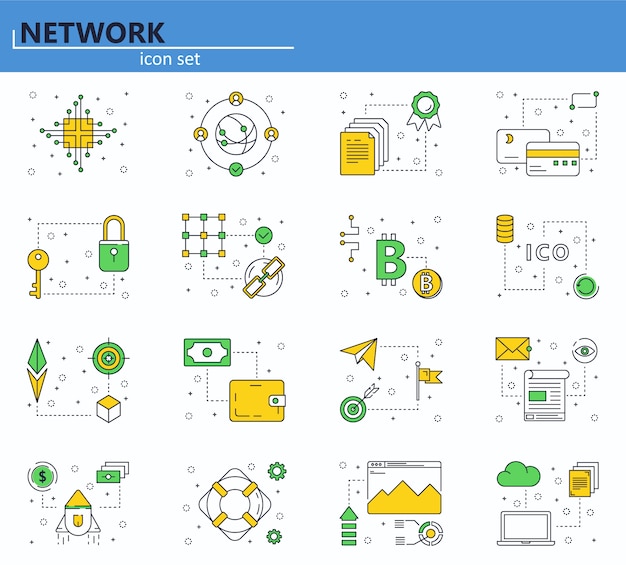 Векторный набор технологии blockchain и иконки криптовалюты в стиле тонкой линии. Биткойн, Эфириум, ICO. Значок веб-сайта и мобильного веб-приложения.