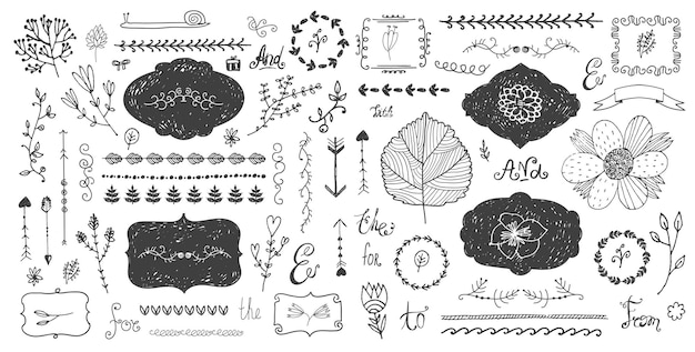 Vector vector set bloemen decor, hand getrokken doodle frames, scheidingslijnen, randen, elementen. geïsoleerd. romantische vintage collectie