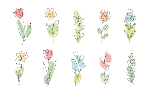 Vector set bloemen takken bladeren in eenvoudige minimalistische doorlopende lijnstijl Lente Zomer