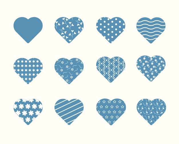 Vector set of blue pattern hearts