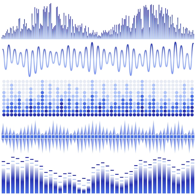 Векторный набор синих звуковых волн. Звуковой эквалайзер. Звуковые и звуковые волны, изолированные на белом фоне.
