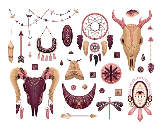 Vector set of boho illustrations. Flat style. Dreamcathers, animal skull, feathers and arrows