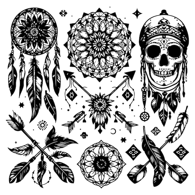 Vector set of boho illustrations Line art Dreamcathers animal skull feathers and arrows stock