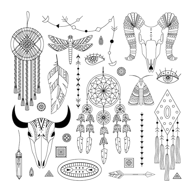 Vector vector set of boho illustrations. line art. dreamcathers, animal skull, feathers and arrows