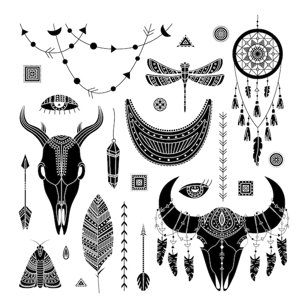 Insieme di vettore delle illustrazioni boho. stile semplice. dreamcathers, teschio animale, piume e frecce