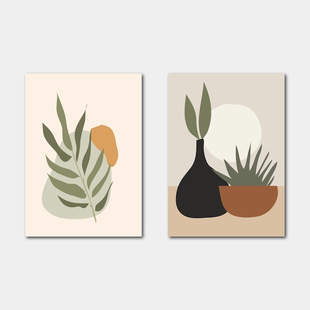 Vector set of boho modern abstract botanical plant natural wall art frame