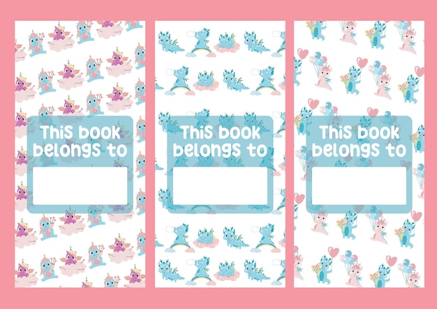 Vector set of bookmarks for children with dragon and unicorn theme. Cute characters on pastel color