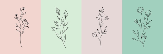 최소한의 선형 스타일 손으로 우아한 야생화를 그린 식물 삽화의 벡터 세트
