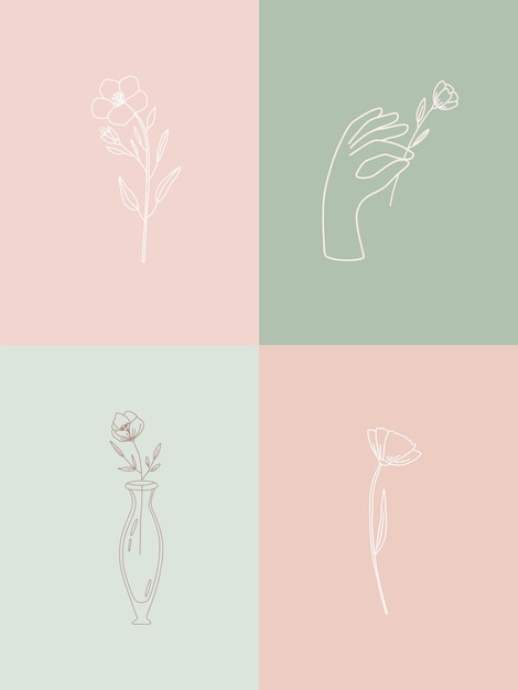 Vettore set vettoriale di illustrazioni botaniche in eleganti fiori selvatici disegnati a mano in stile lineare minimale