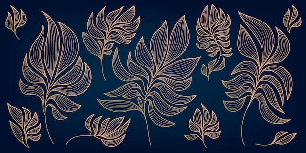 식물 현대 잎 아트 데코 벽지 배경 라인 디자인 인테리어 디자인 섬유 패턴 질감 포스터 패키지 래퍼 선물 등 럭셔리의 벡터 세트