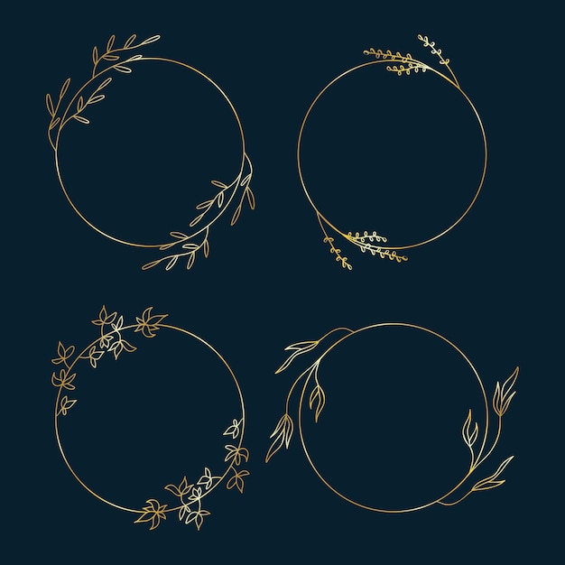 Vector set botanische gouden ronde frames. Vintage stijl bloemenkransen voor uitnodigingskaarten