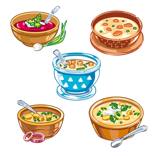 Vector set of bowls of soup on white background