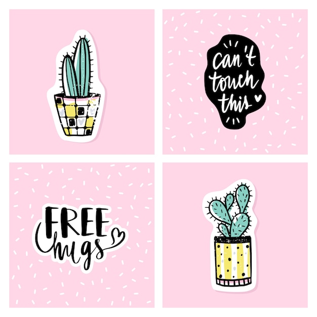 Vector set of bright cards with cactus and positive phrases.