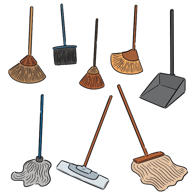 Vector set of broom and cleaning mop