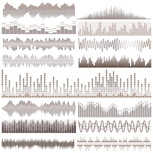 Vector set of brown sound waves. Audio equalizer. Sound &amp; audio waves isolated on white background.