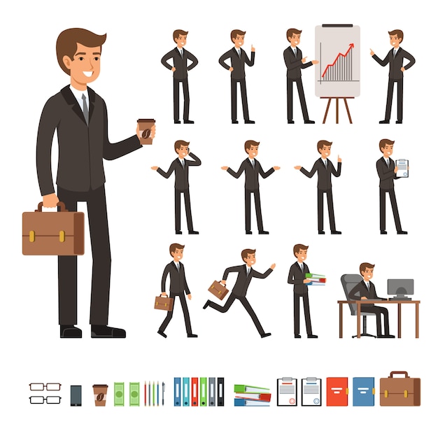 Vector set of businessman in different action poses with accessories. funny characters businessman person in different pose, vector illustration