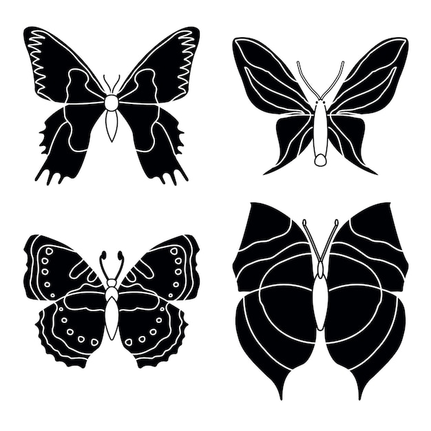 Вектор Векторный набор бабочек на белом фоне, рисунок декоративных силуэтов насекомых, вектор рисования вручную