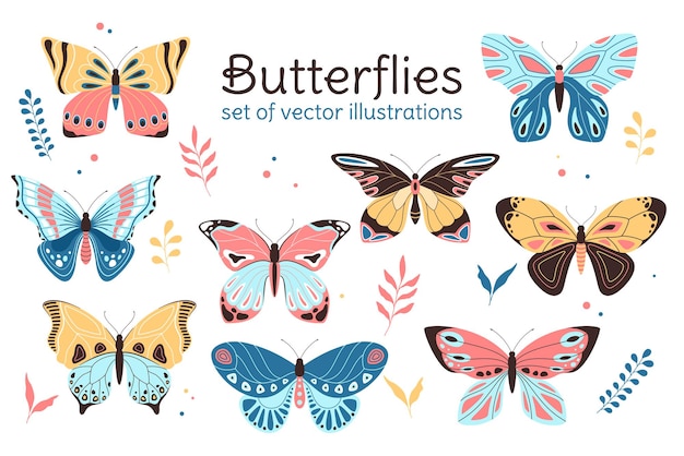 Insieme di vettore delle illustrazioni butterly, stile bambini decorativo piatto